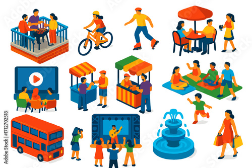 Urban Summer Activities. Isometric vector illustration set of urban summer activities: rooftop barbecue, cycling, rollerblading,