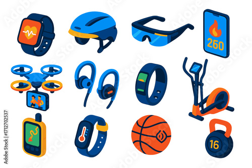 Futuristic Fitness Technology. Isometric vector illustration set of technology and fitness: heart rate smartwatch, smart cycling