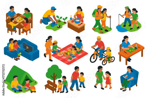 Family Activities Icons. Isometric vector illustration set of family activities: board games, gardening, cooking, movie night,