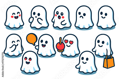 Colorful Ghost Emotions. Isometric vector illustration set of ghosts with various expressions: happy blushing ghost, shy ghost,