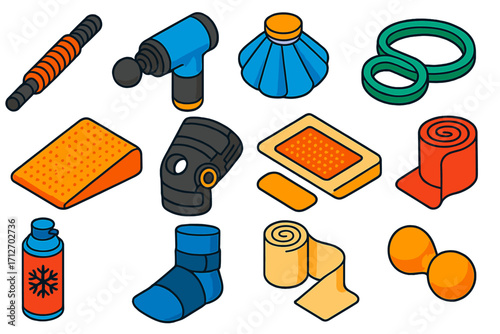 Fitness Recovery Tools. Isometric vector illustration set of fitness recovery tools: flat roller stick, adjustable speed massage
