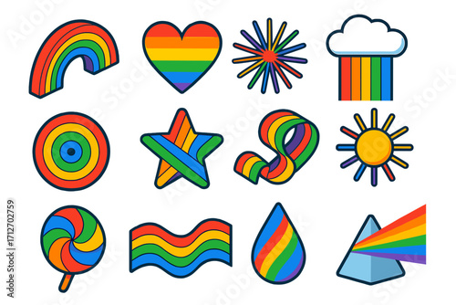Rainbow Icon Set. Isometric vector illustration set of rainbow elements: pastel-free rainbow arc, heart in vivid rainbow stripes,