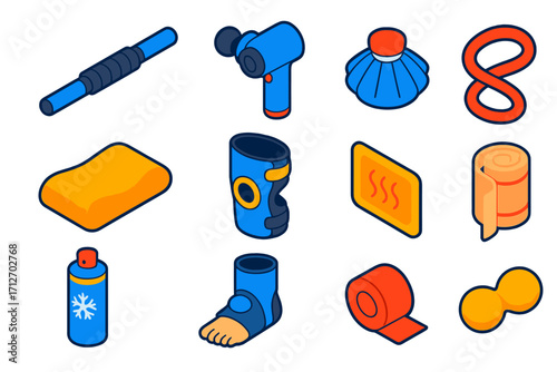 Fitness Recovery Tools. Isometric vector illustration set of fitness recovery tools: flat roller stick, adjustable speed massage