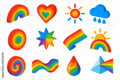 Vibrant Rainbow Elements. Isometric vector illustration set of rainbow elements: strong color rainbow arc, rainbow shaded heart,