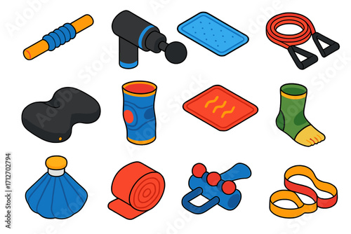Vibrant Fitness Recovery Tools. Isometric vector illustration set of fitness recovery tools: ridged roller stick, pro-level