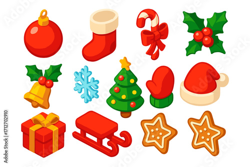 Christmas Icon Collection. Isometric vector illustration set of Christmas holiday elements: shiny red ornament, cozy stocking,