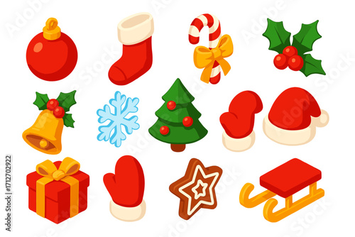 Christmas Icon Collection. Isometric vector illustration set of Christmas holiday elements: shiny red ornament, cozy stocking,