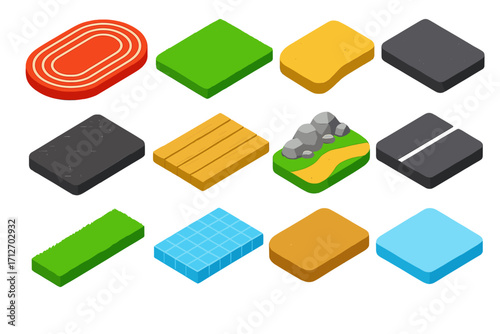 Fitness Terrain Textures. Isometric vector illustration set of terrain textures for fitness: oval red track, manicured turf,