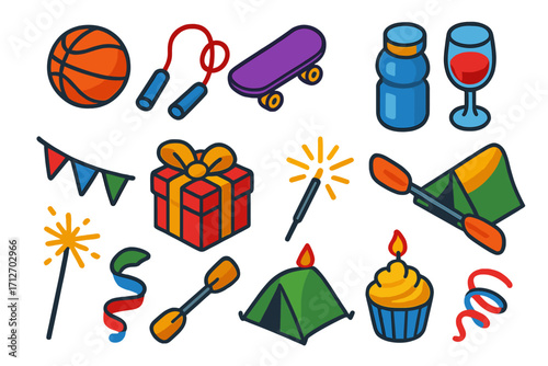 Active Celebration Icons. Isometric vector illustration set of active living and celebration themes: basketball, jump rope,