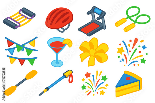 Active Celebrations Icons. Isometric vector illustration set of active living and celebration themes: resistance bands, cycling