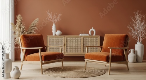 Cozy Living Room With Two Accent Chairs and a Wooden Cabinet
