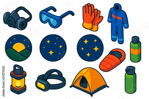 Night Safety Gear Icons. Isometric vector illustration set of safety gear and nighttime elements: respirator mask, goggles, gloves