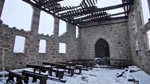 Ruined Stone Church Interior with Snow  Exposed Roof.