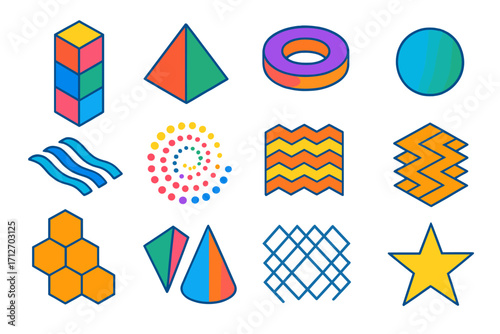 Bold Geometric Designs. Isometric vector illustration set of geometric shapes and patterns: stacked cubes, pyramid, sphere, torus,
