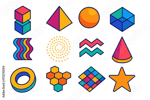 Bold Geometric Designs. Isometric vector illustration set of geometric shapes and patterns: stacked cubes, pyramid, sphere, torus,