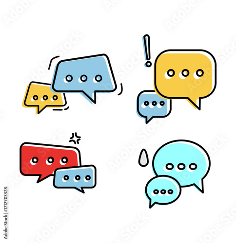 A set of colorful speech bubble icons representing different emotions like anger, surprise, and worry for communication concepts