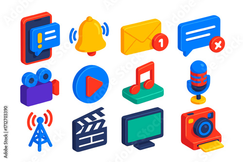 Media Icons Collection. Isometric vector illustration set of notification and media: push alert on device, ringing bell icon,