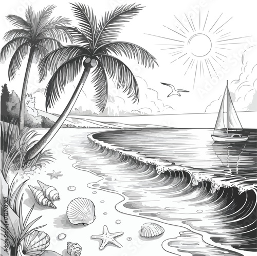 Tropical island beach with palm trees vector illustration