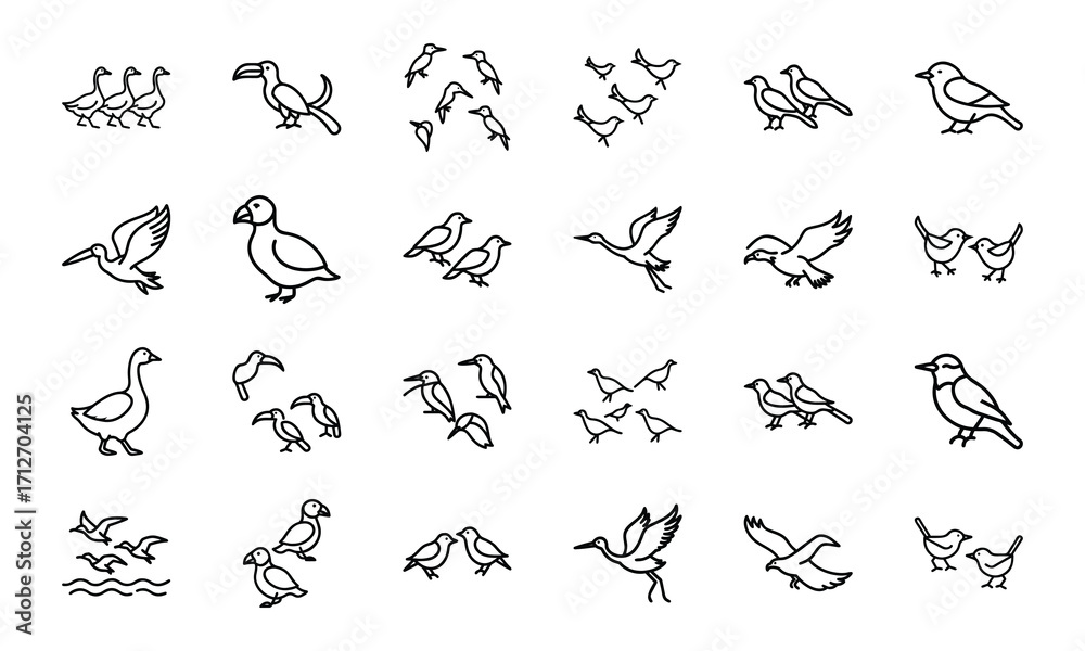 Obraz premium Collection of Bird Silhouettes in Line Art Style – Flying Birds, Pairs of Birds, Flocks, and Individual Bird Icons on White Background