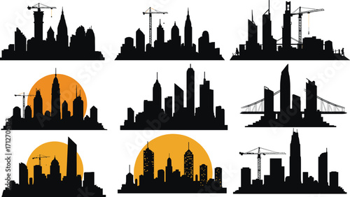 Black silhouette city skyline and construction cranes vector illustration with modern skyscrapers, bridges, urban development scenes, sunset backgrounds, and industrial building