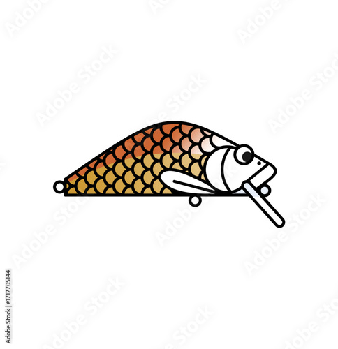 Vector illustration of a crankbait fishing lure with orange scales, isolated for sport fishing and outdoor hobby design