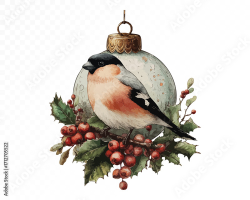 Watercolor Christmas ornament with bullfinch bird sitting on holly leaves and red berries inside glass bauble, elegant seasonal holiday decoration. Vector illustration.