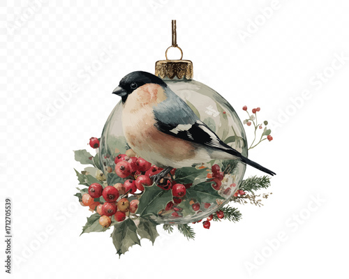 Watercolor Christmas ornament with bullfinch bird sitting on holly leaves and red berries inside glass bauble, elegant seasonal holiday decoration. Vector illustration.