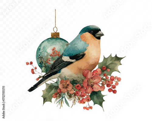 Watercolor Christmas bullfinch sitting on festive ornament with holly leaves, red berries and flowers, elegant seasonal holiday bird illustration. Vector illustration.