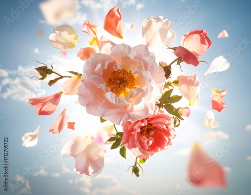 A beautiful bouquet of pink and white roses exploding outwards against a bright blue sky with fluffy clouds.