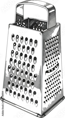 Metallic grater, kitchen utensil for grating cheese and vegetables