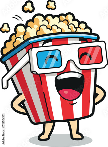 Funny cartoon popcorn bucket wearing 3d glasses at the movies
