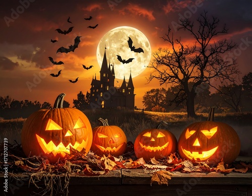 Halloween night scene with pumpkins and castle: Spooky pumpkins with glowing faces set against a castle silhouette, full moon, and flying bats create a eerie Halloween landscape.