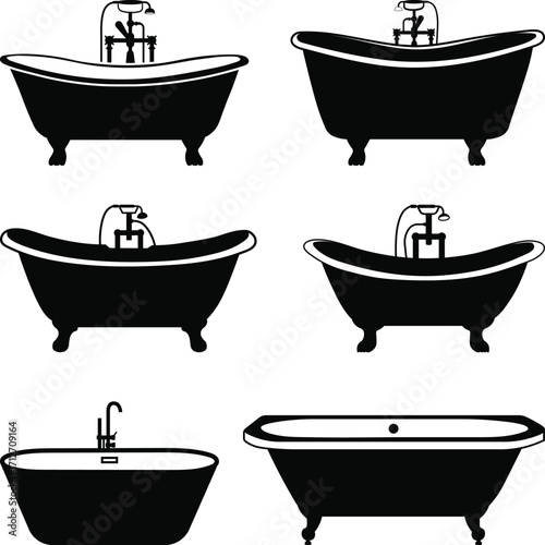 Bathtub Silhouette Clipart, Tub SVG Cutting File, clawfoot bathtub Silhouette, Shower with bubble Bath vector illustration isolated on white background