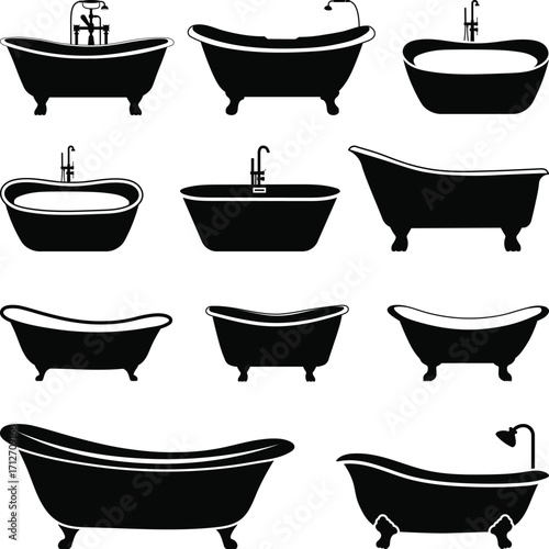 Bathtub Silhouette Clipart, Tub SVG Cutting File, clawfoot bathtub Silhouette, Shower with bubble Bath vector illustration isolated on white background
