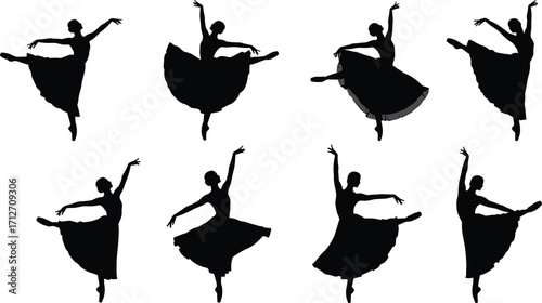 Elegant ballerina silhouettes in dance poses, performing graceful ballet movements in flowing dresses. Black vector illustrations for classical dance, art, and performance design