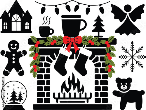 Christmas icons fireplace gingerbread man angel bear snowflake holiday winter