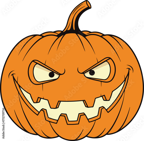 A digital illustration of a single pumpkin carved with a menacing grin. The pumpkin is orange with a brown stem and features a jagged, toothy mouth and narrowed eyes. 