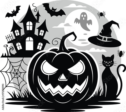 Spooky Halloween scene with pumpkin cat bats and haunted house jack o lantern black cat
