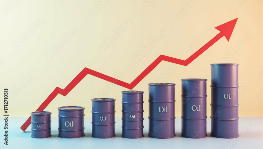 Fototapeta premium Graph showing increasing oil production levels. Nine cylindrical barrels of varying heights are lined up horizontally, each labeled 