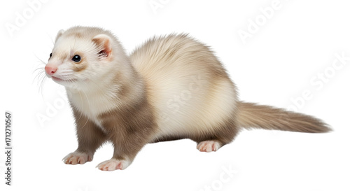A light-colored ferret with brown markings on its legs and face sits attentively on a white background.