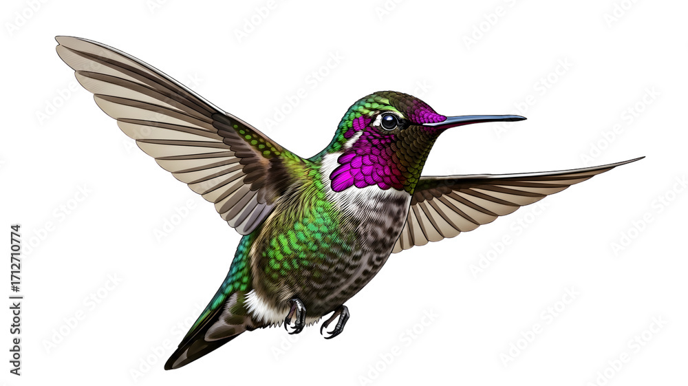 Fototapeta premium Illustration of a hummingbird in flight with vibrant colors and detailed feather texture.