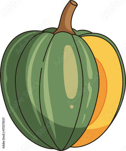 A digital illustration depicting a halved squash. One half reveals a vibrant orange interior, contrasted against the dark green exterior of the other half.