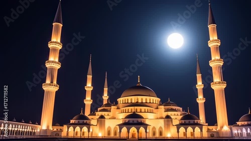 Lit Mosque at Night with Full Moon with Architecture, and Sky Background.