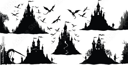 Fantasy castle silhouette set with dragons, medieval towers, wizards, and magical forests for mythical fairytale scenes, storytelling, games, and design elements