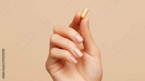 Health Supplement Capsule in Minimal Style Held by Elegant Hand Against Soft Beige Background