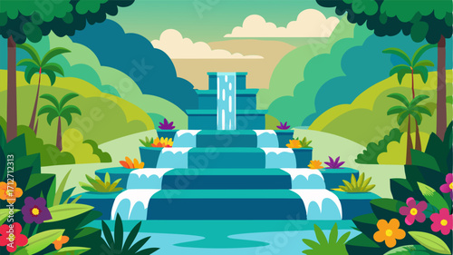 A stepped waterfall in a tropical paradise with each tier overflowing with lush greenery and colorful blooms.