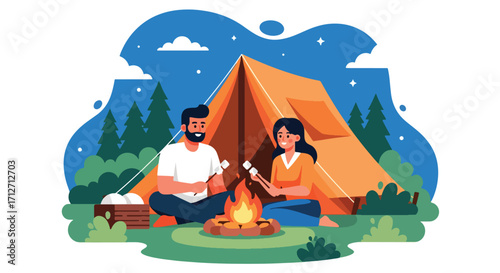 Flat style illustration of a couple camping in the forest, roasting marshmallows over a campfire in front of a tent, symbolizing outdoor adventure, relaxation, and leisure in nature