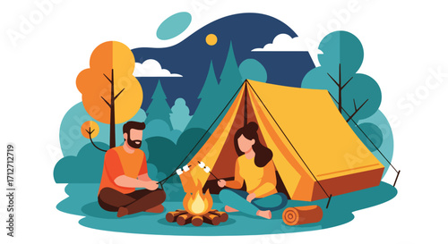 Flat style illustration of a couple camping in the forest, roasting marshmallows over a campfire in front of a tent, symbolizing outdoor adventure, relaxation, and leisure in nature