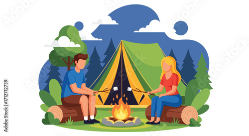 Flat style illustration of a couple camping in the forest, roasting marshmallows over a campfire in front of a tent, symbolizing outdoor adventure, relaxation, and leisure in nature