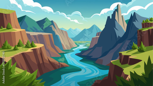 A rugged river valley with jagged cliffs and rocky outcroppings its flora and fauna thriving in the harsh yet beautiful environment.
